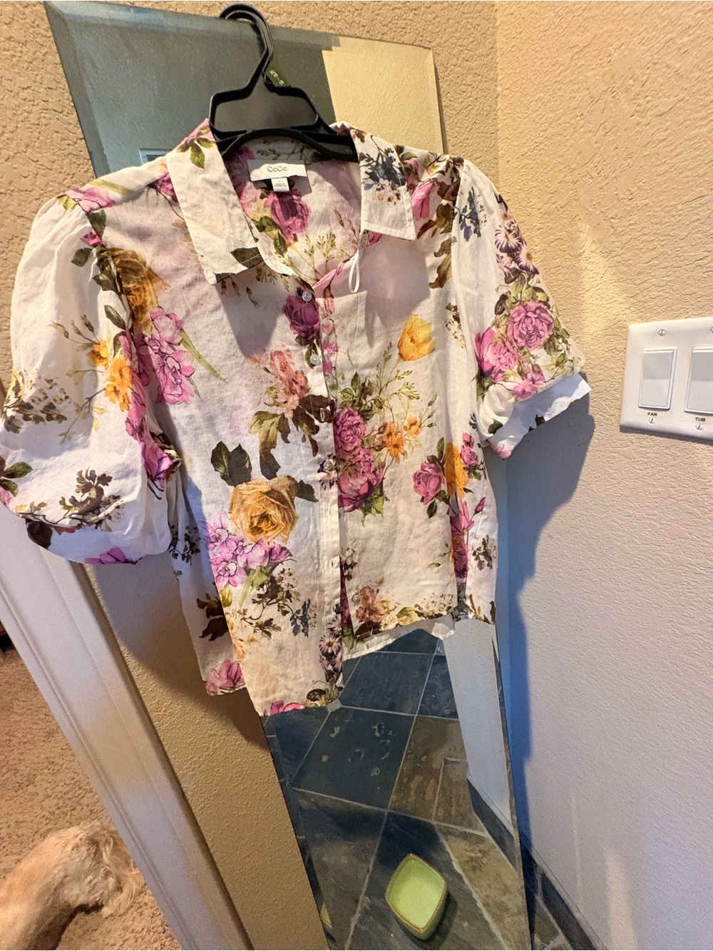 Floral Button-Up Puff Sleeve Blouse — White with Pink & Yellow Roses